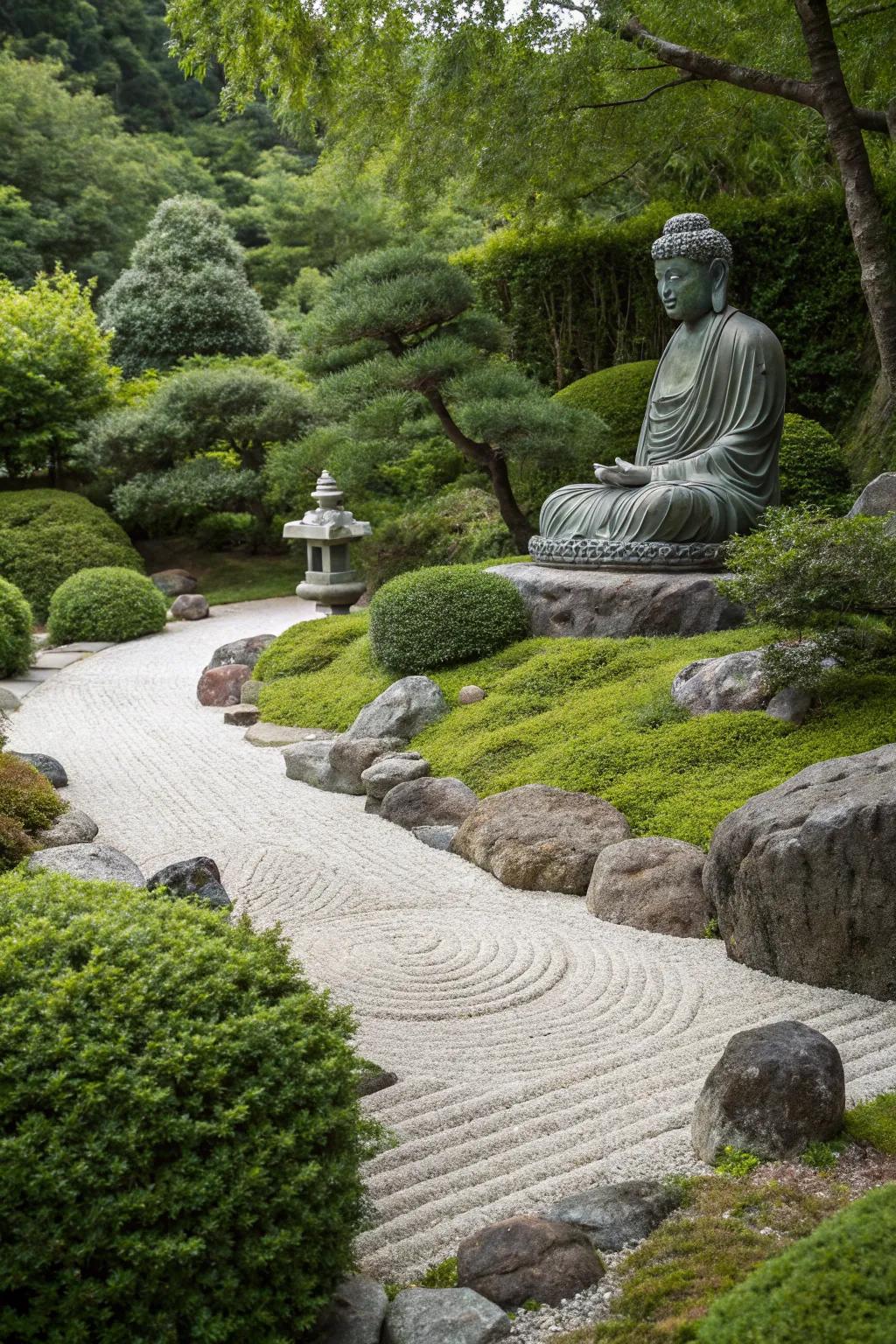 A Buddha statue adds tranquility and focus to the zen garden