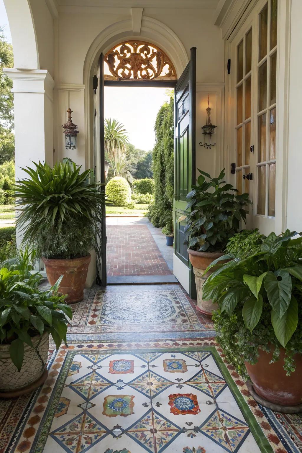 Tiles paired with lush potted plants at the entryway