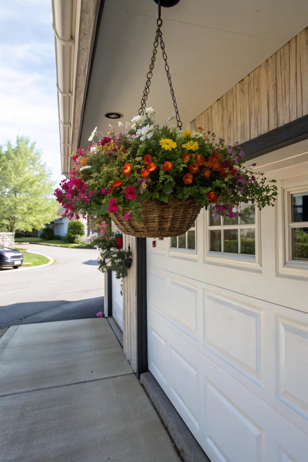 Flower baskets bring color and charm to your garage.