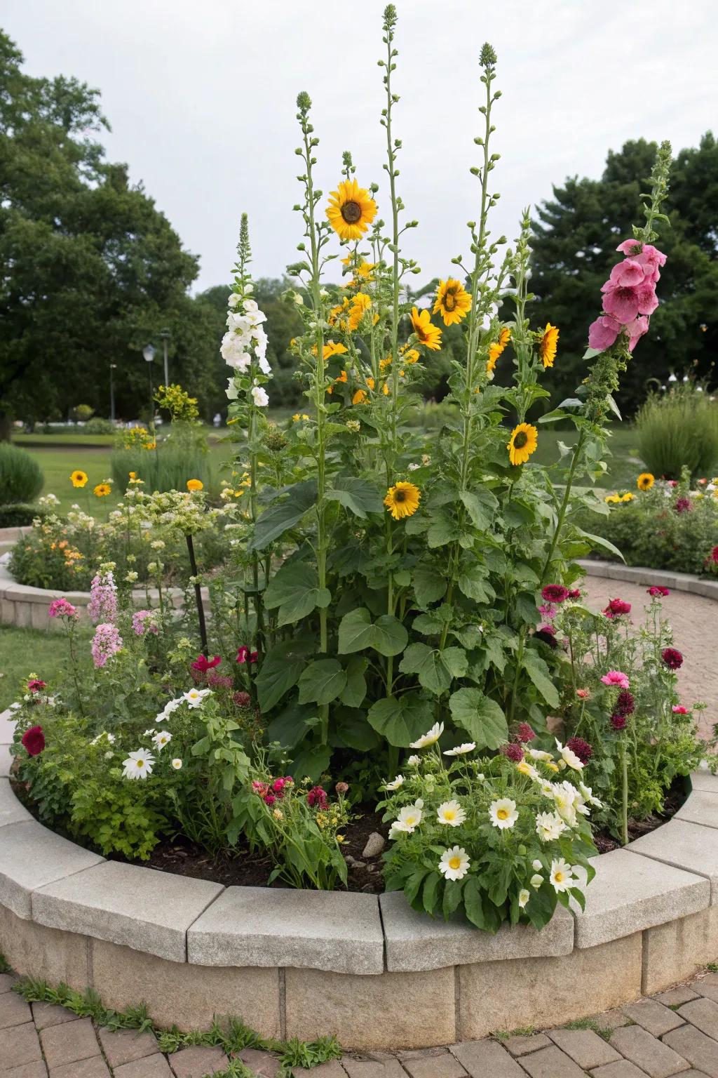 Towering sunflowers add height and drama to this garden bed.