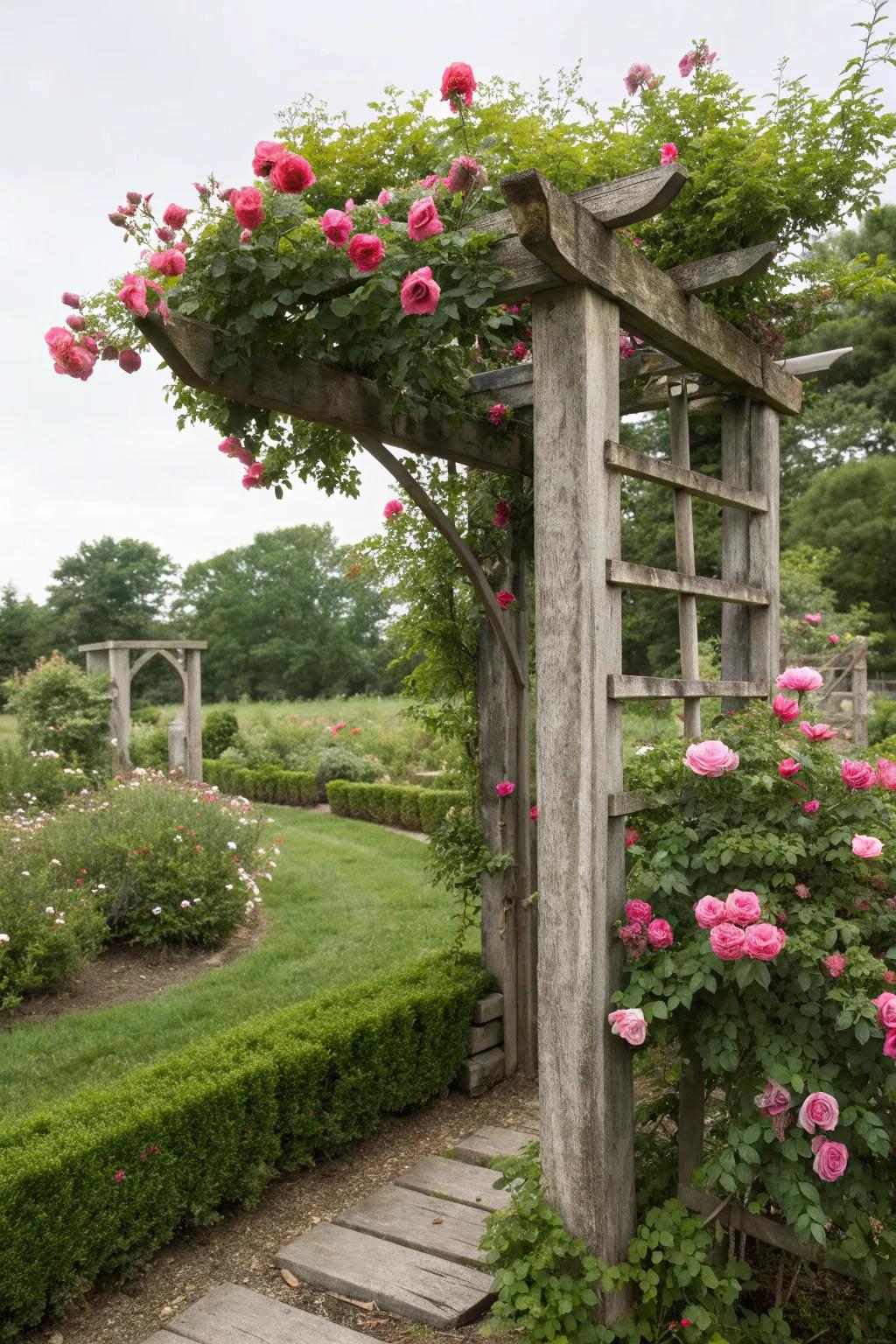 A rustic wooden trellis adorned with fragrant climbing roses.