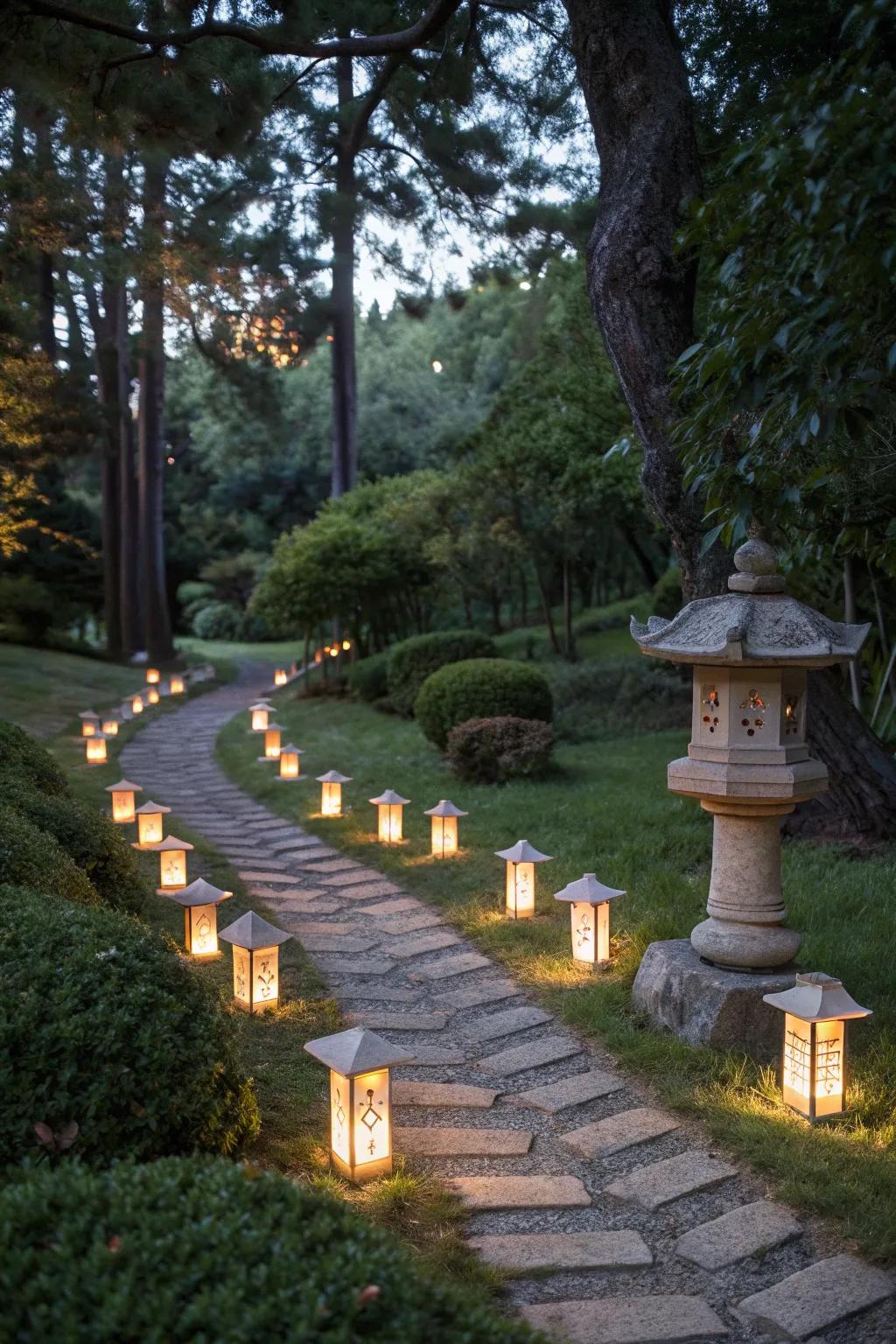 Mini pagoda lanterns illuminate a garden path, adding warmth and charm.