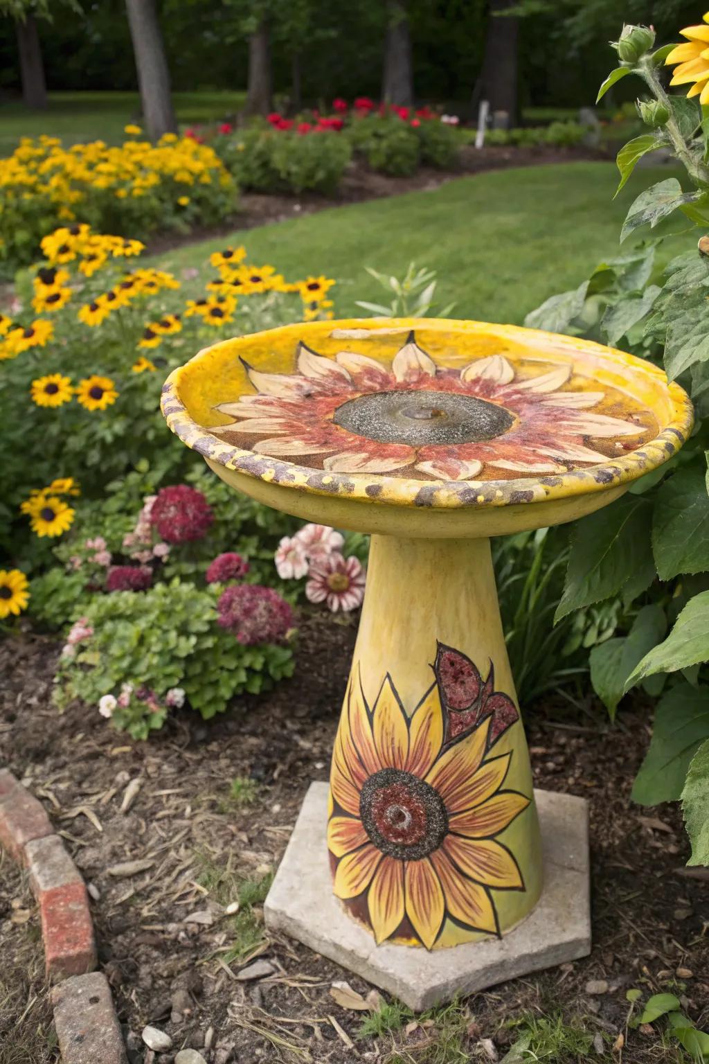 Floral aesthetics make this bird bath a perennial centerpiece.