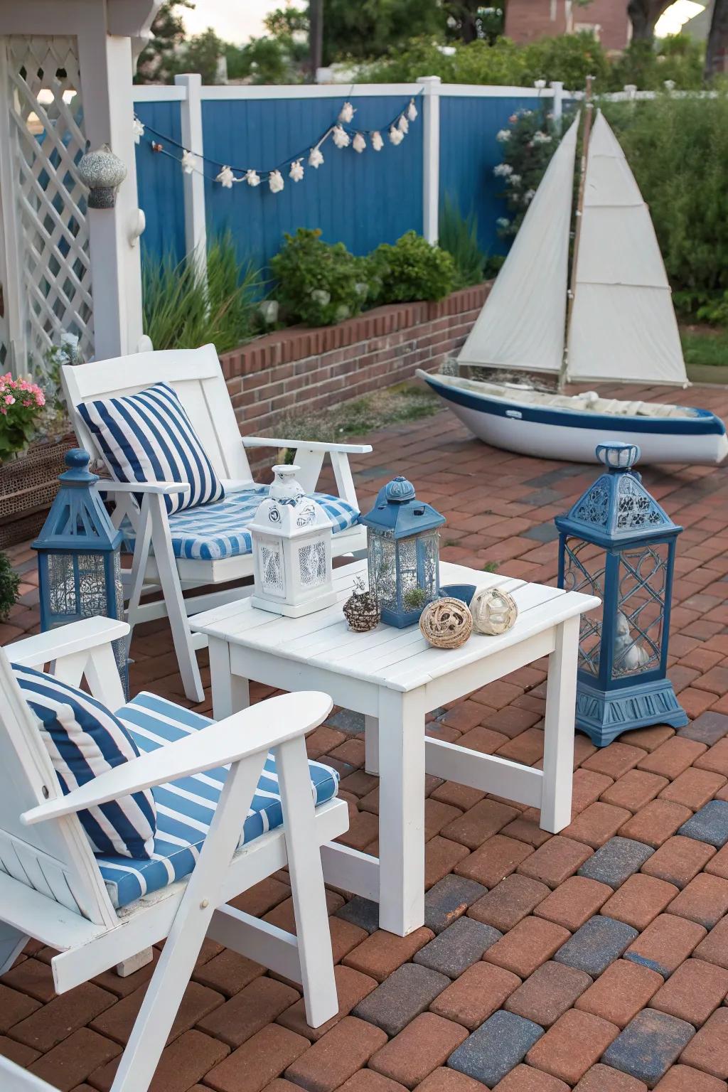 A bold blue brick patio evokes the charm of a seaside retreat.