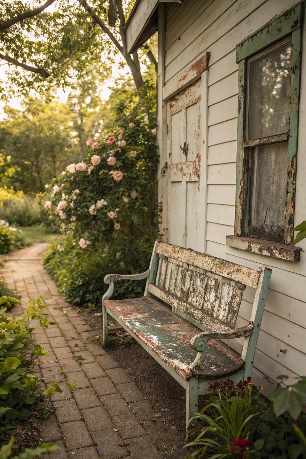 A vintage-style bench with a charming, weathered finish.