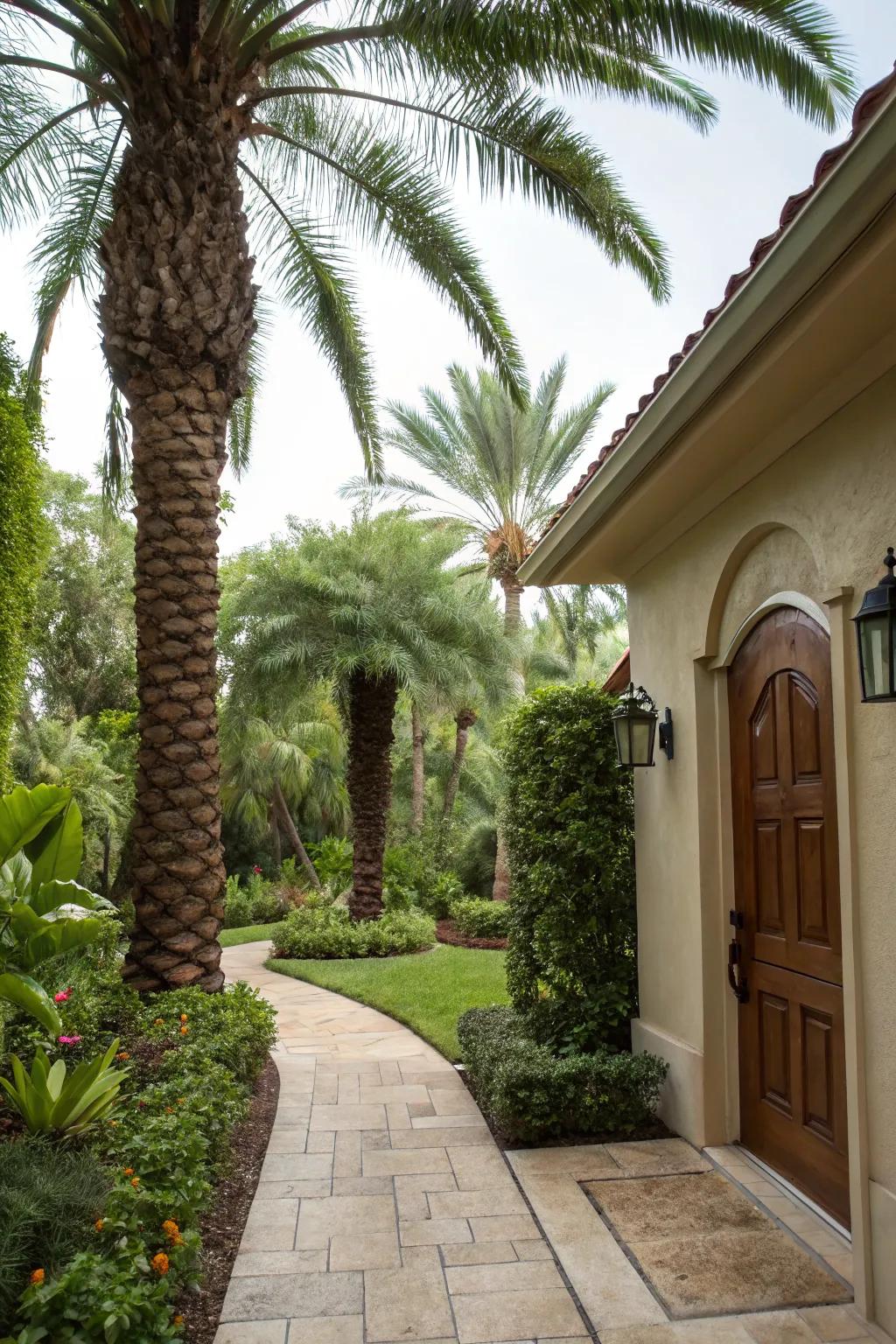 Palm trees frame a sophisticated entryway.