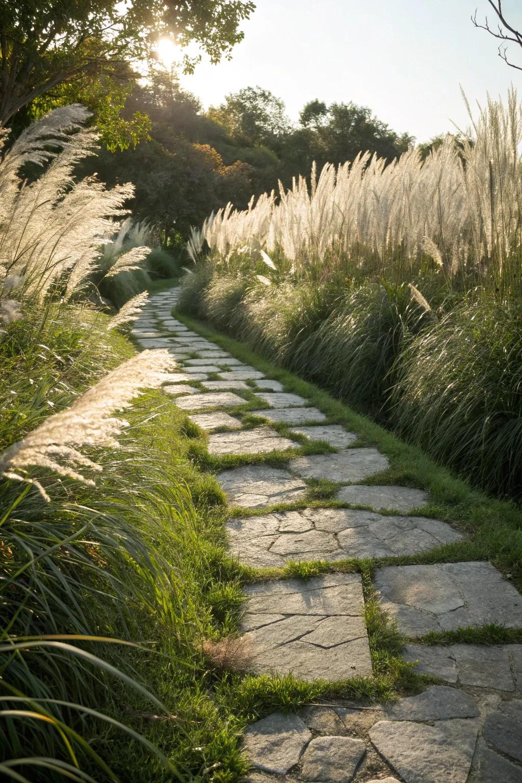 Pampas grass enhances pathways with its soft, feathery plumes.