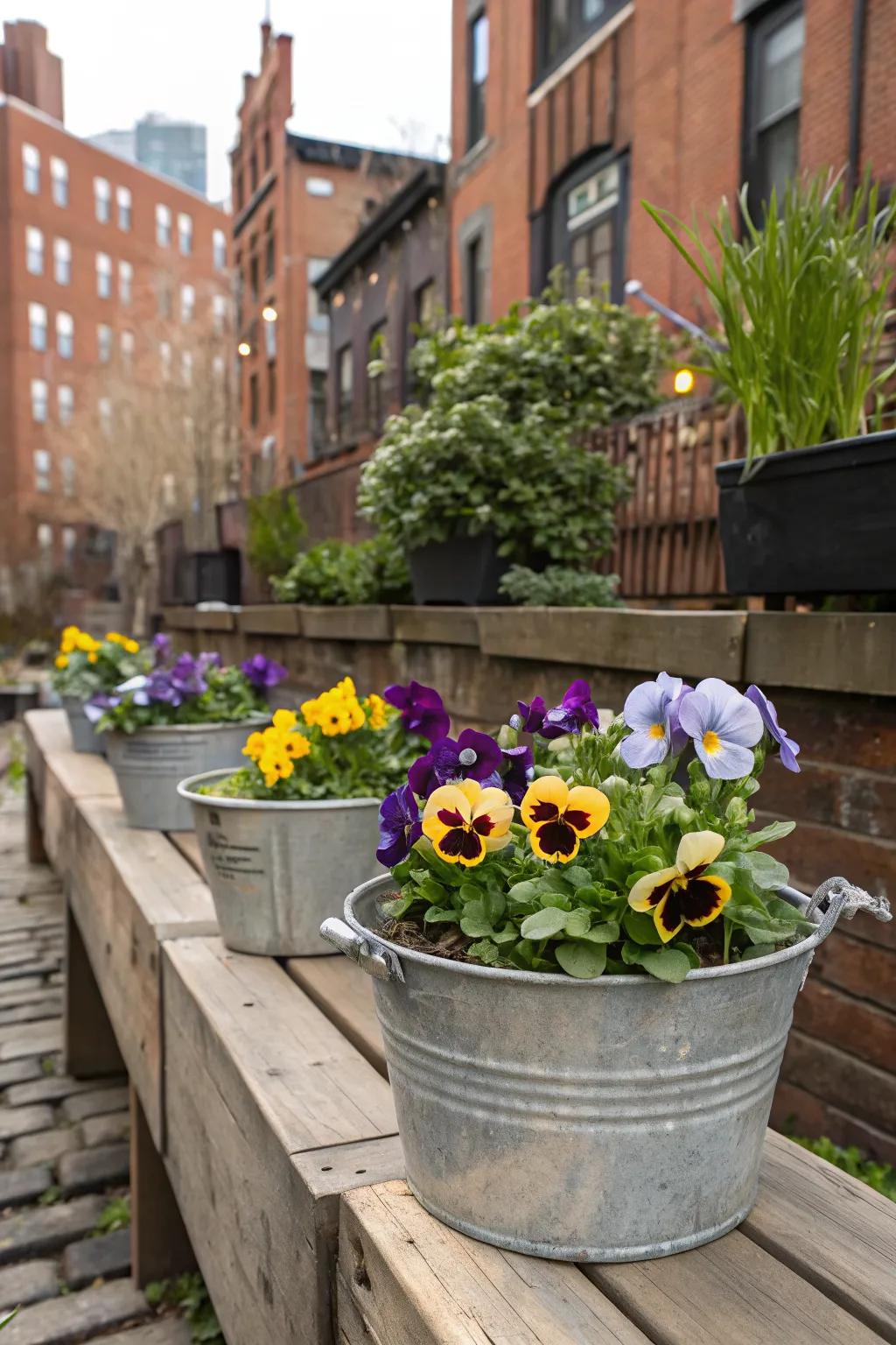 Modern metal pots give a chic touch to pansies.