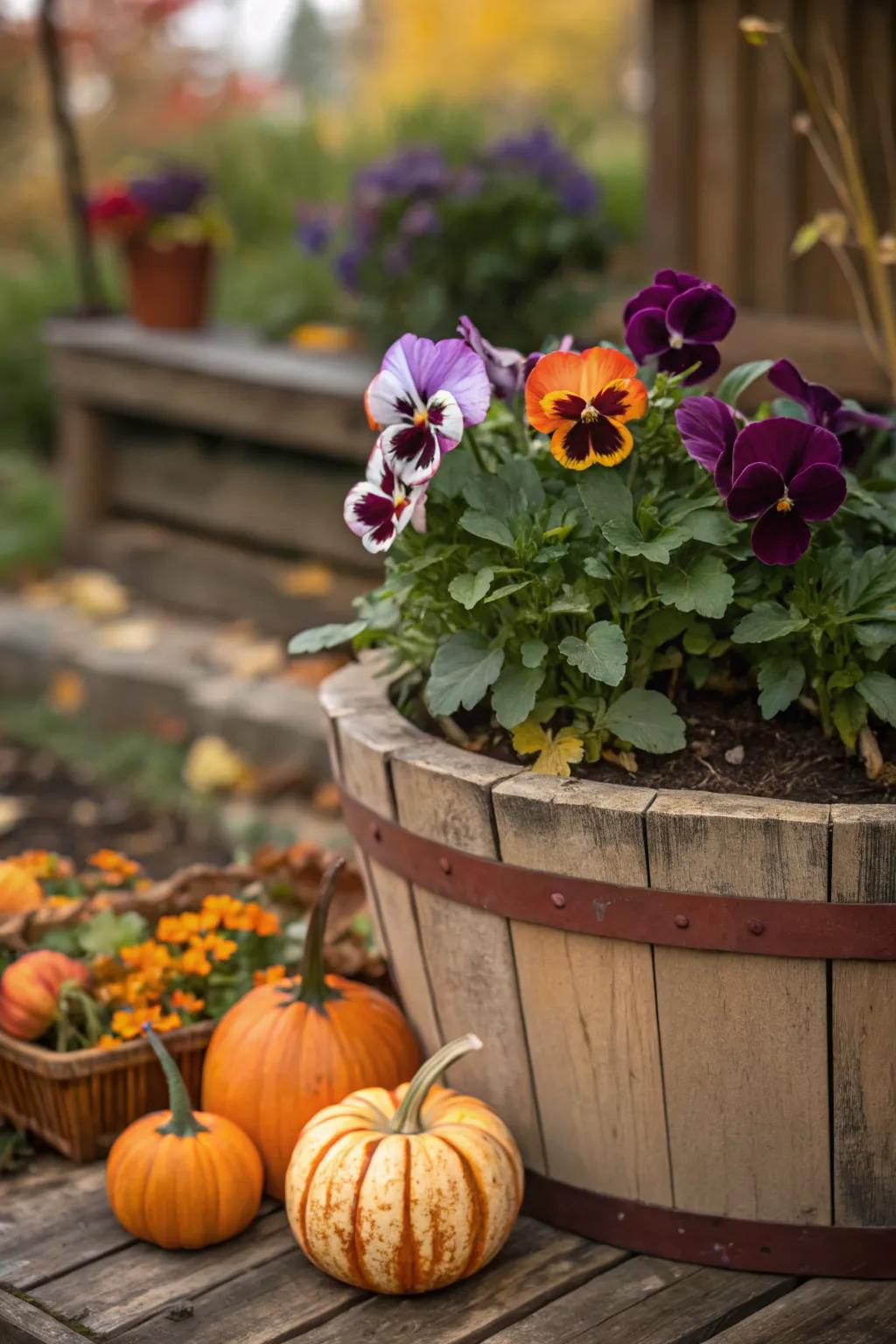 Pansies in containers paired with decorative pumpkins for a seasonal touch.
