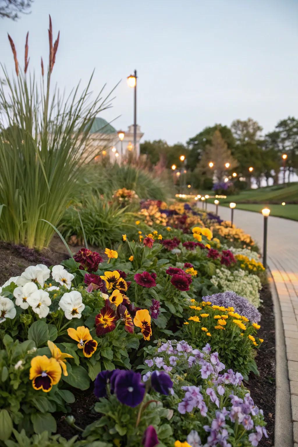 Layered planting with pansies and taller blooms for added garden depth.