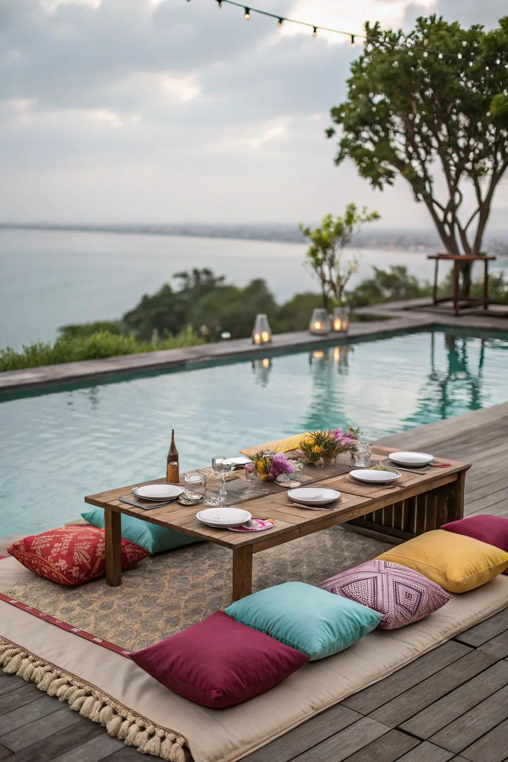 Elegant table settings create a welcoming space for poolside dining.