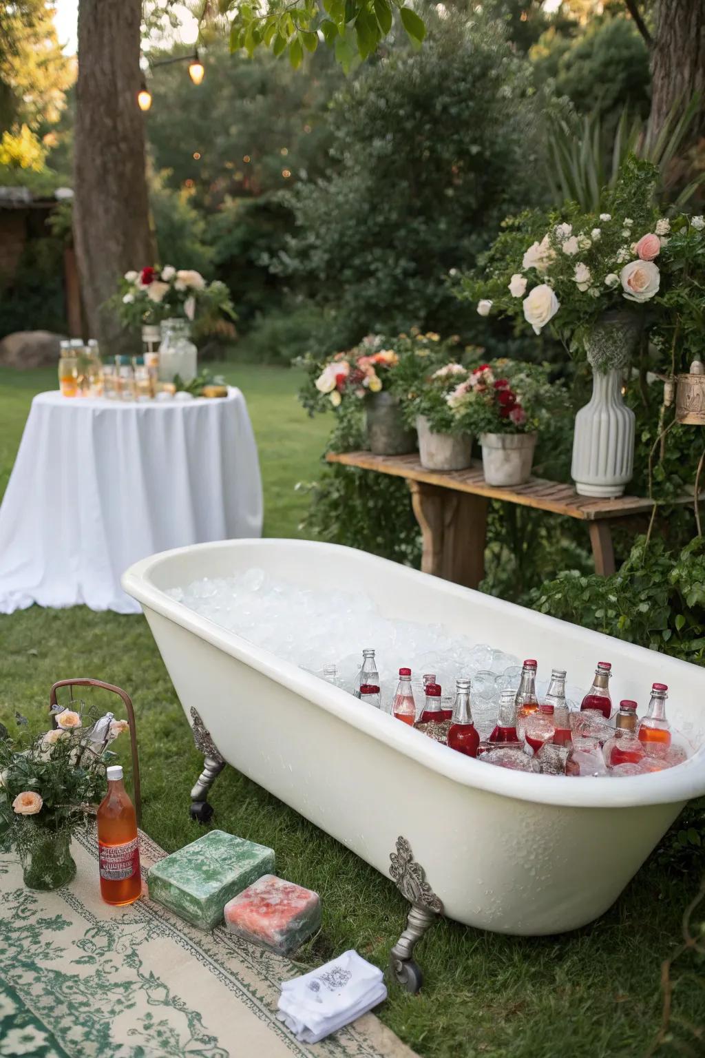 A vintage bathtub cooler offering a quirky touch to garden parties.