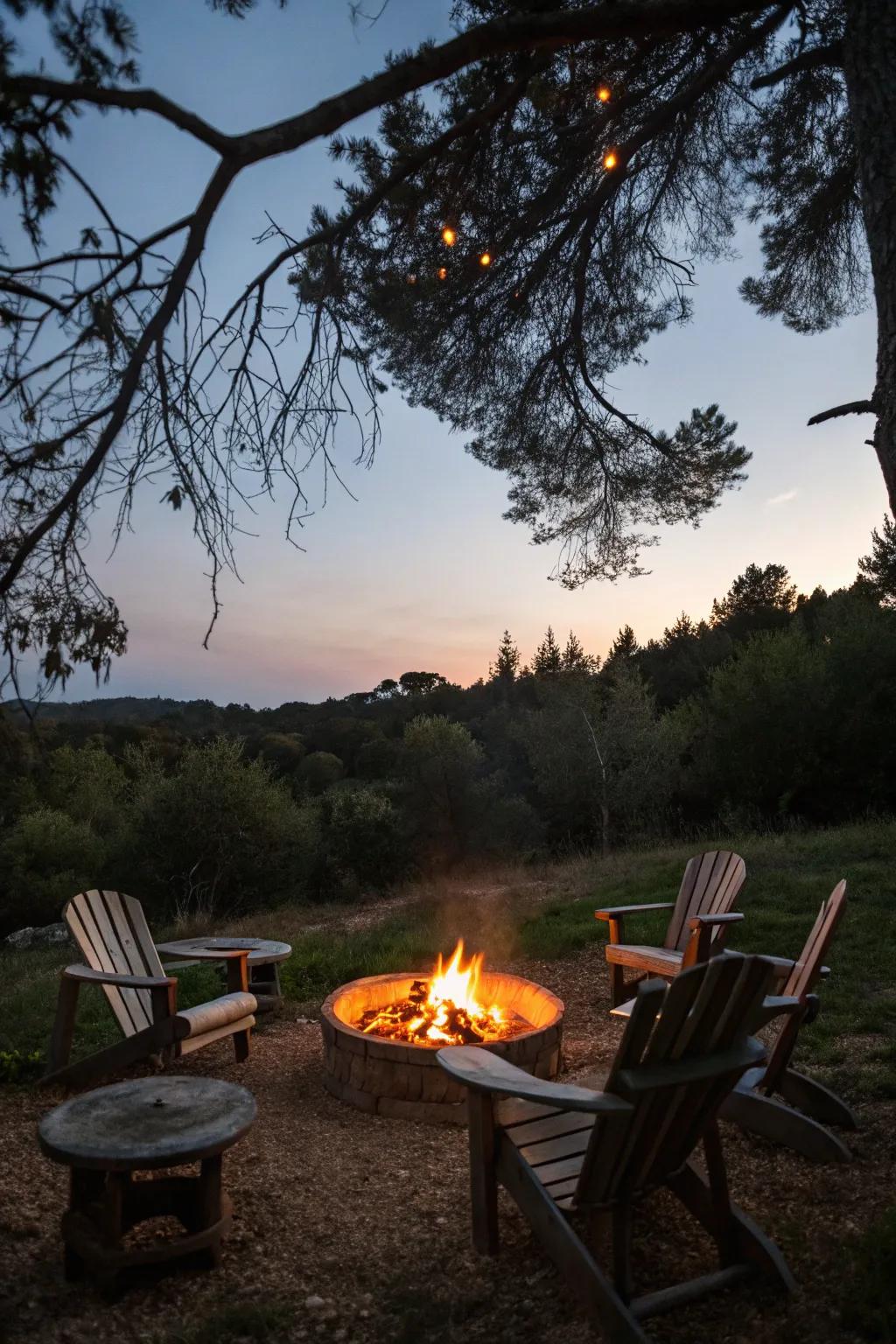 A cozy fire pit on the patio, inviting guests to gather around for warmth and stories.