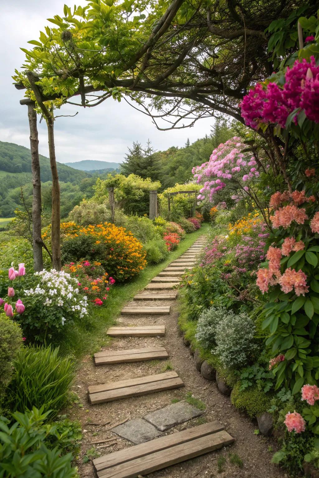 Wooden edging creates a warm, natural boundary for garden paths.