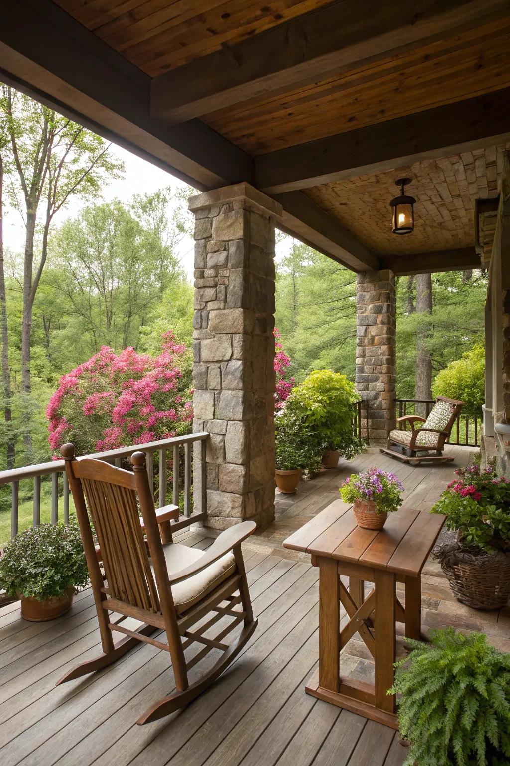 Natural elements like wood and stone create a serene atmosphere.