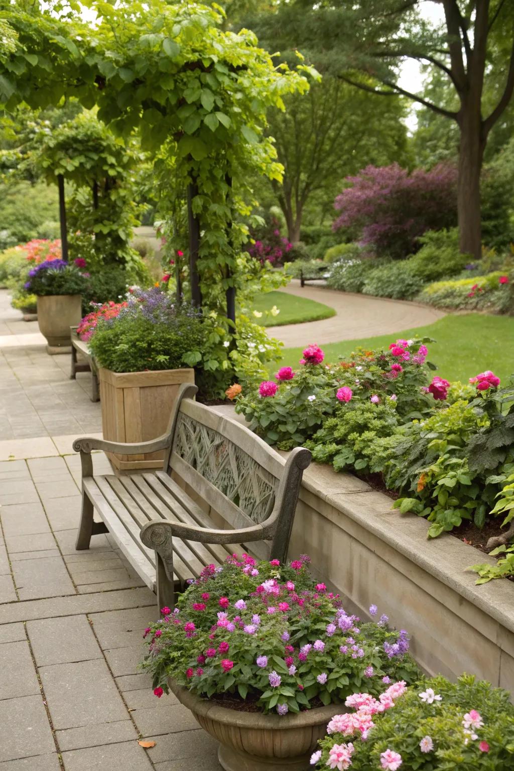 A bench that beautifully merges with garden elements.