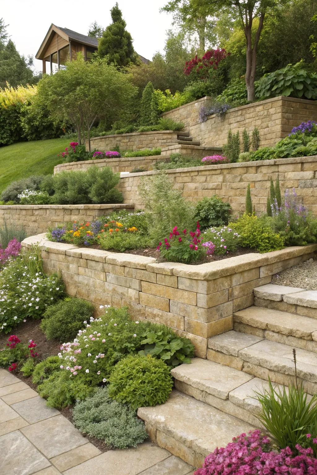 Terraced garden beds using block walls for a structured landscape.