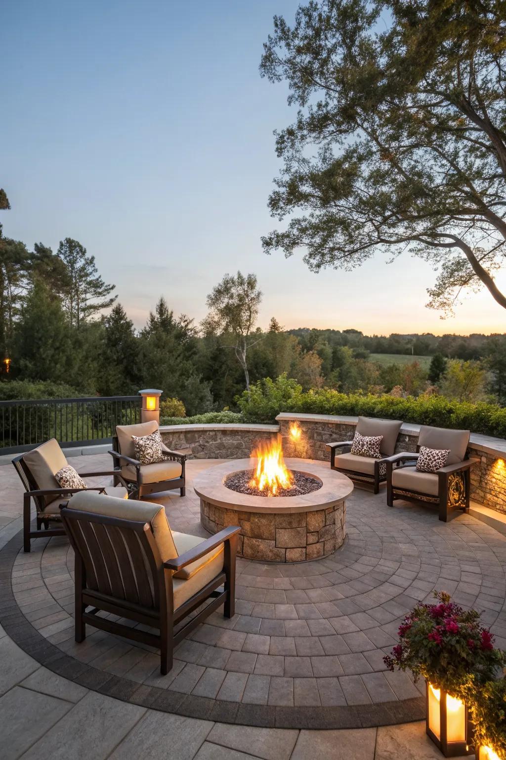 An inviting outdoor patio with a central fire pit.