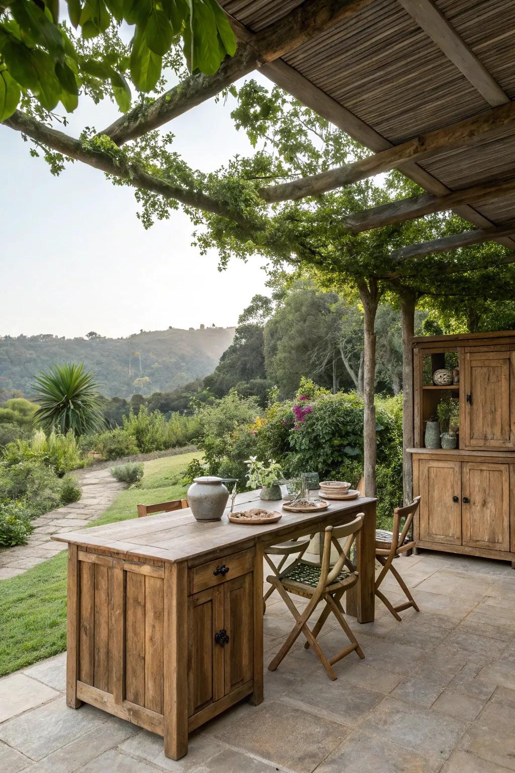 Rustic wooden cabinets add warmth and charm to any patio.
