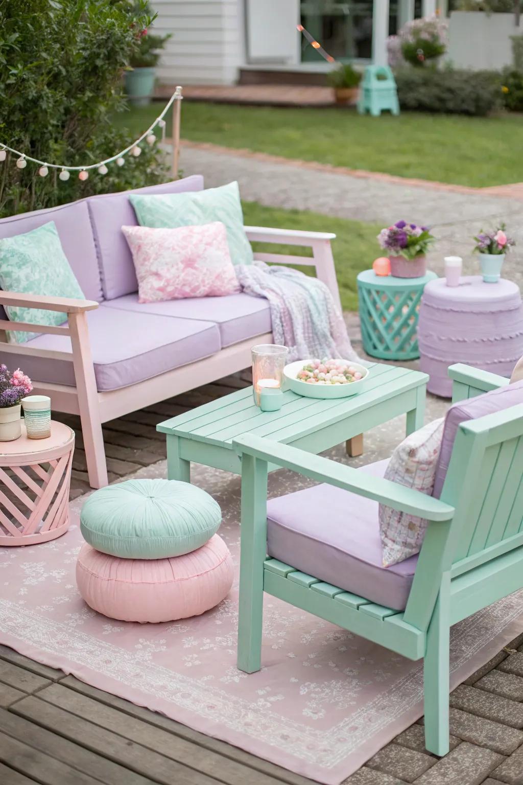 A delightful patio with pastel-colored furniture, setting a playful and inviting scene.