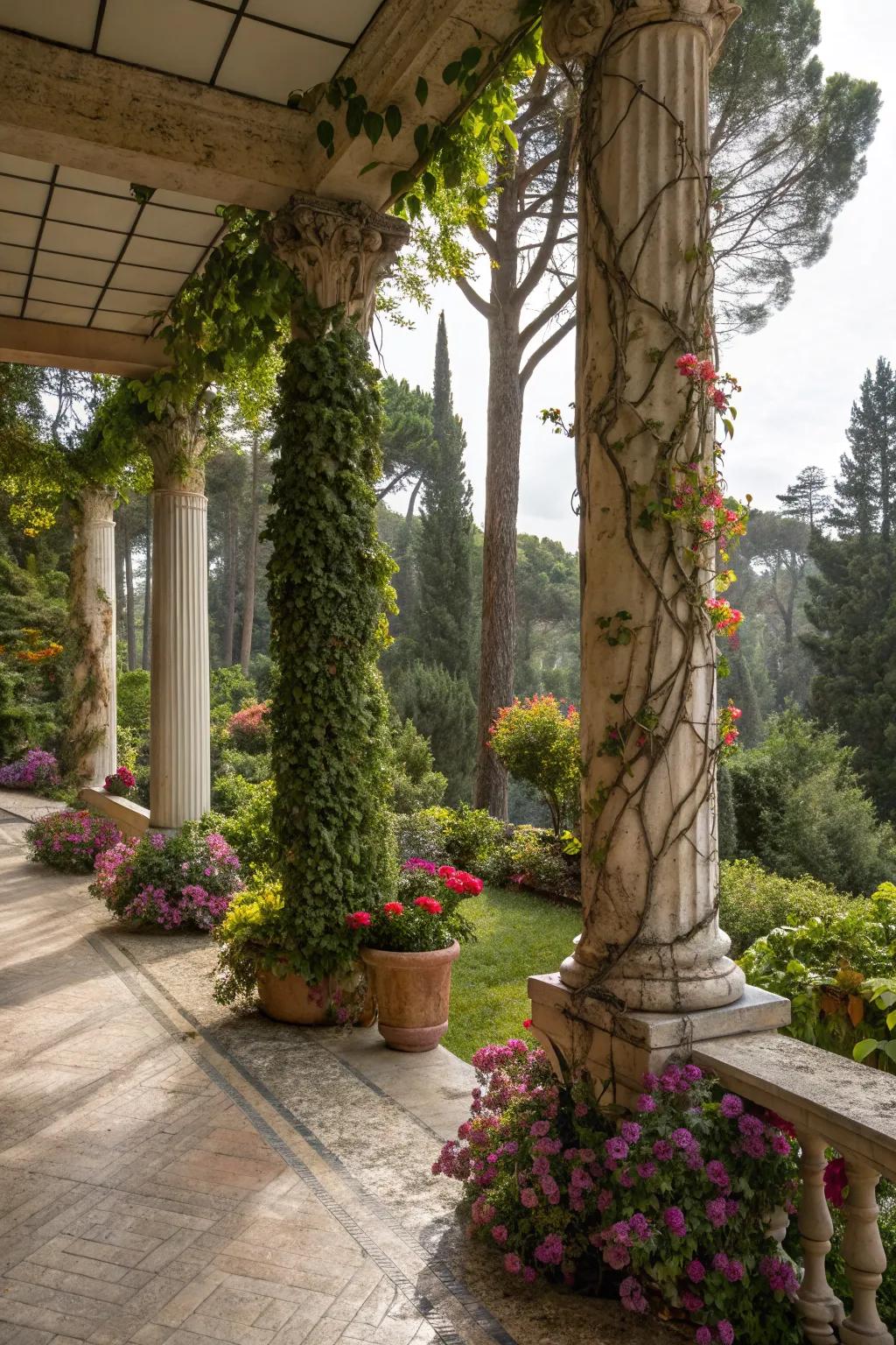 Greenery-clad columns bring nature right to your patio.