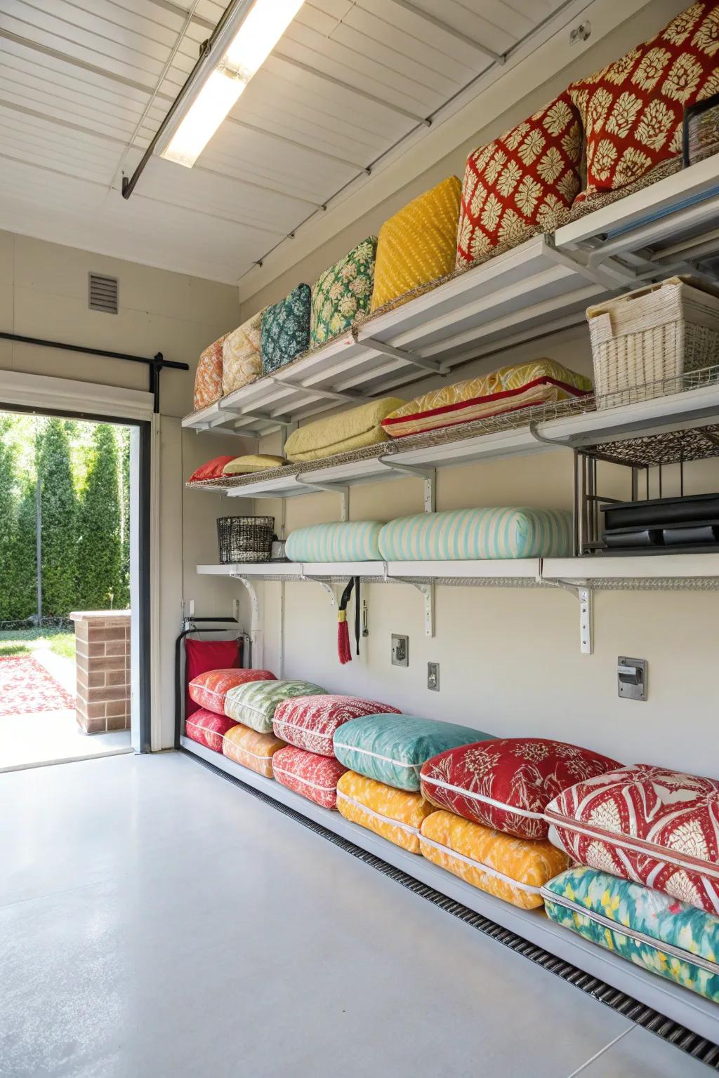 Utilize overhead shelves in your garage for efficient patio cushion storage.