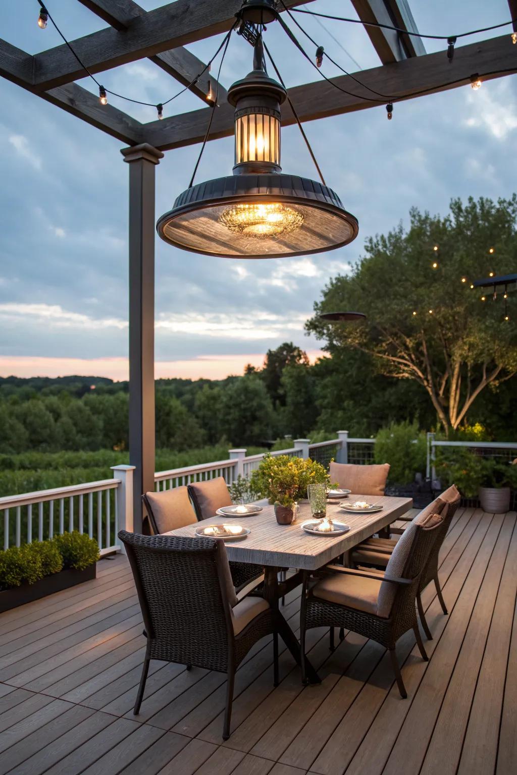 Overhead fixtures provide dramatic, focused lighting for dining areas.
