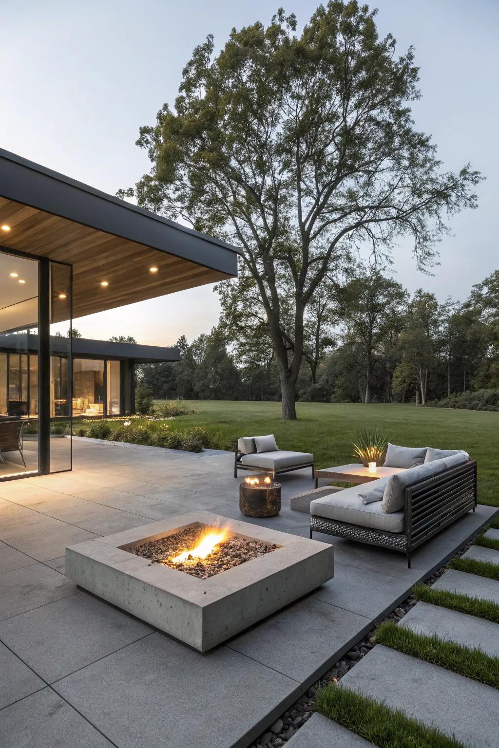 A modern concrete fire pit offers a stylish centerpiece for contemporary patios.