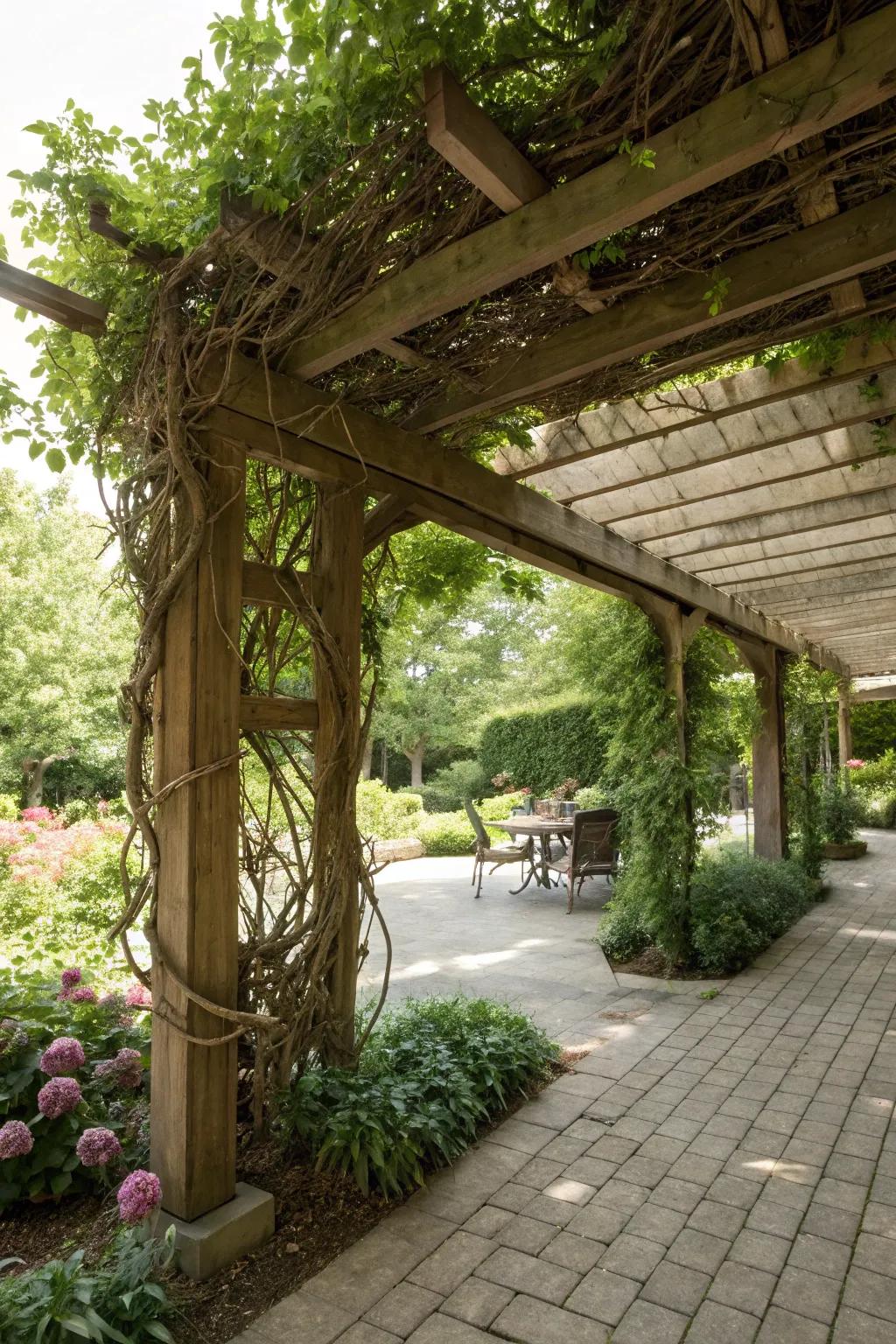 A pergola adds elegance and shade, enhancing the patio's charm.
