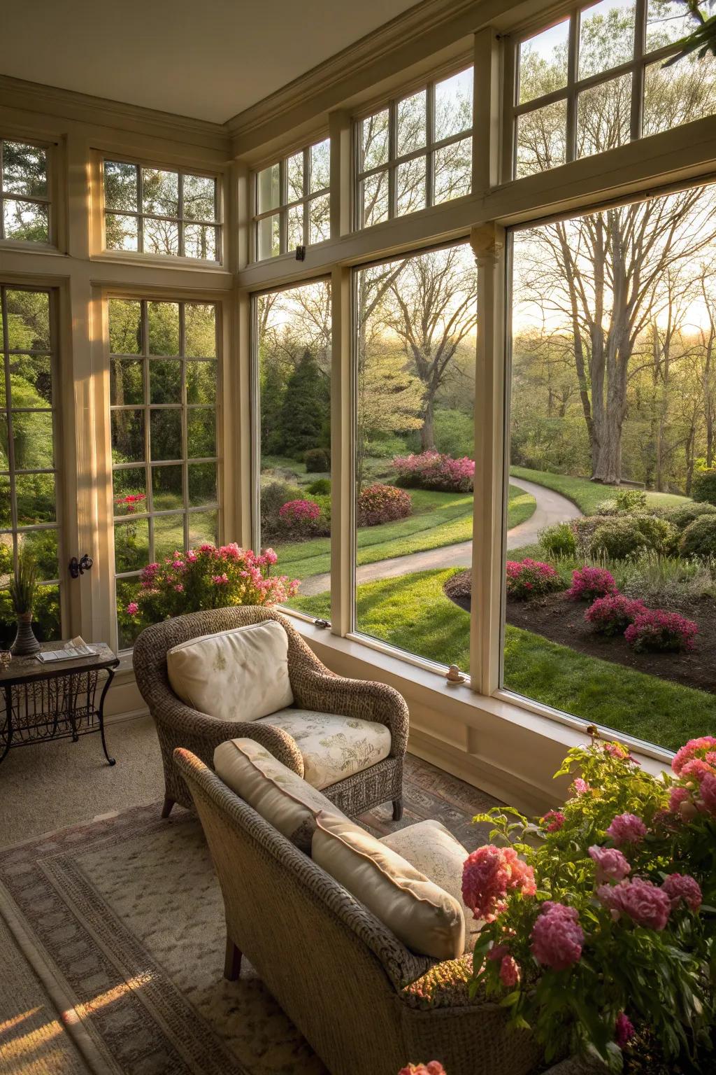 A cozy sunroom filled with natural light.