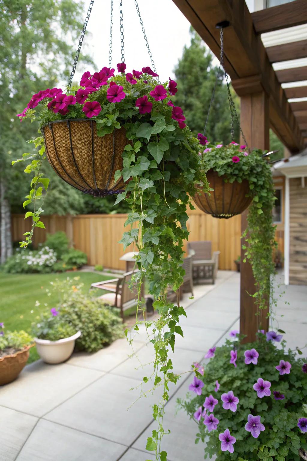 Hanging baskets bring vibrant colors to eye level.