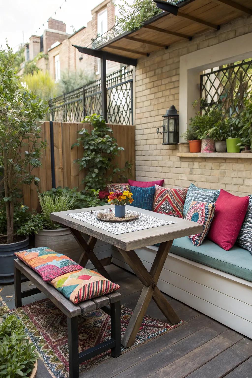 A dining bench maximizes seating on small patios.