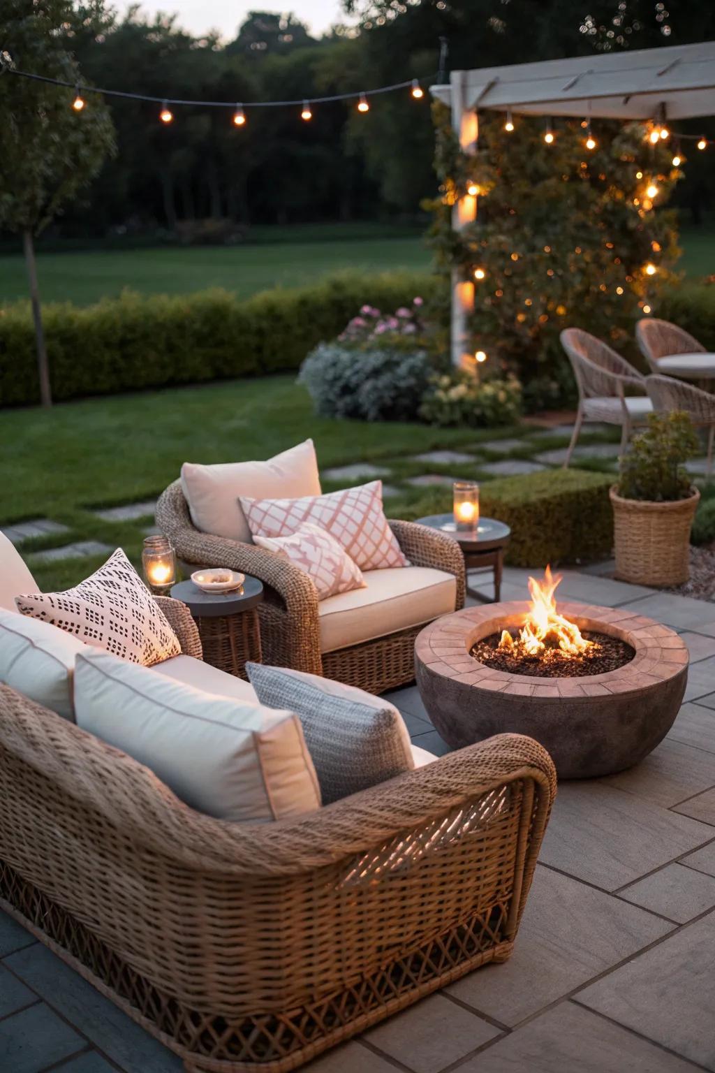 Wicker seating with comfortable cushions arranged around a fire pit.