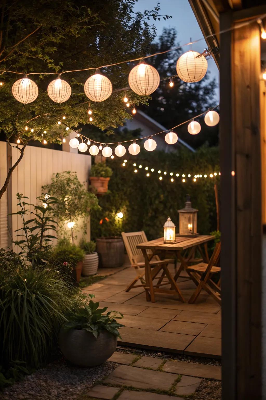 String lights create a magical atmosphere on a small patio.
