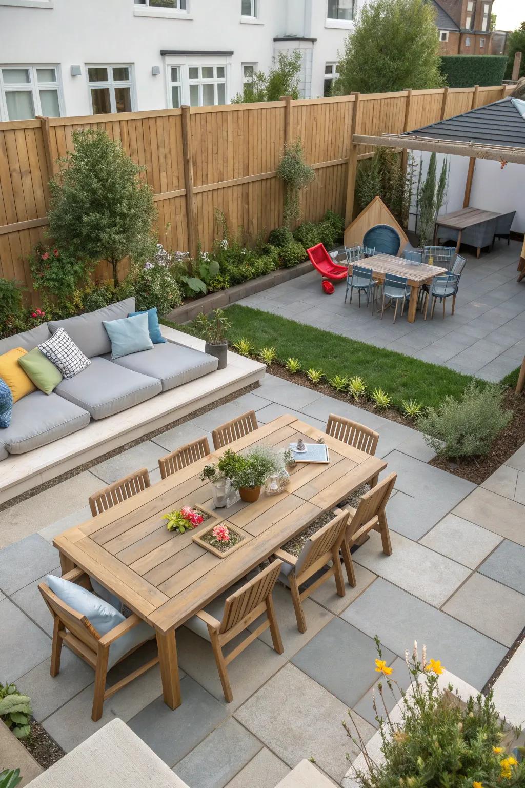 A zoned patio layout that maximizes functionality.