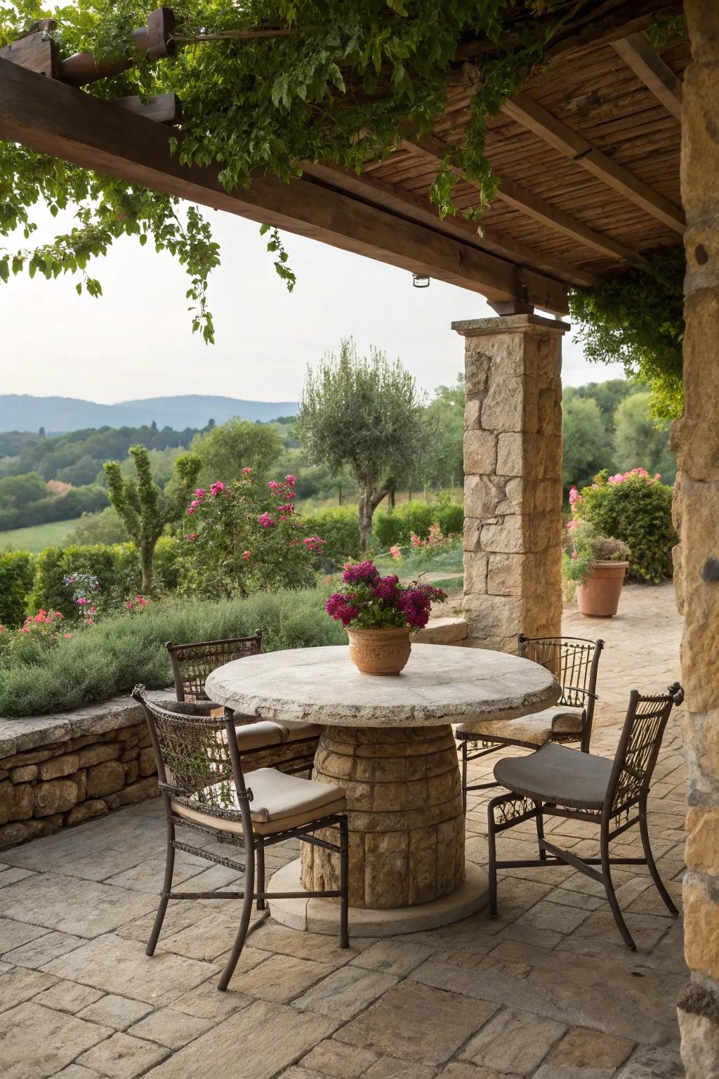 Dine in style with a masonry patio table.
