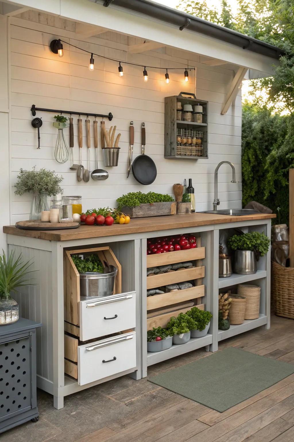 An outdoor kitchen area with organized storage.