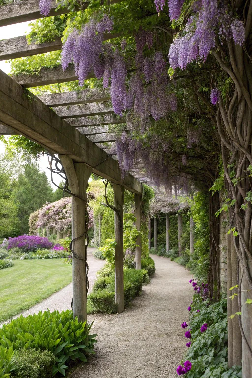 Climbing plants add a lush, natural touch to your pergola.