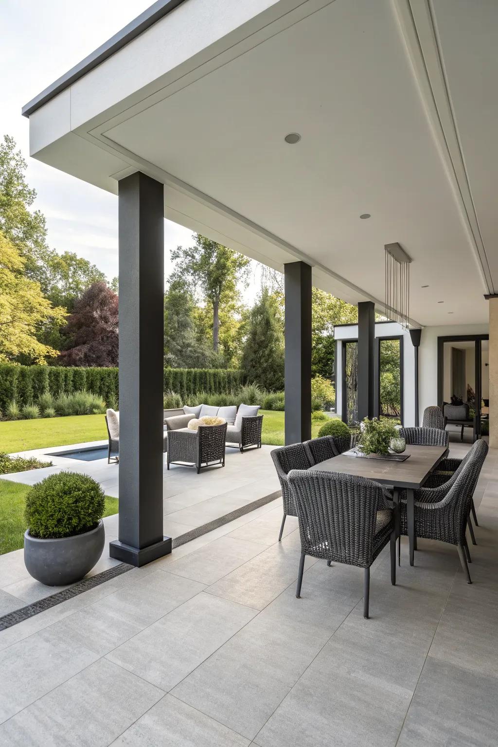 Composite materials offer a modern touch to patio pillars.
