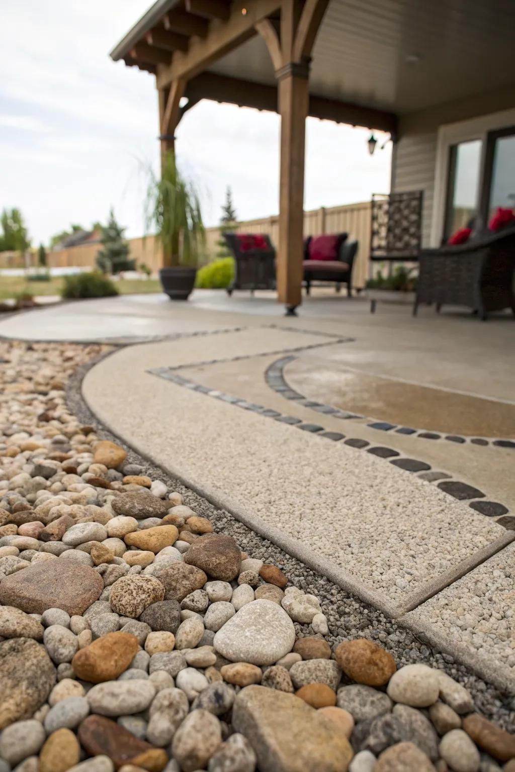 A patio showcasing exposed aggregate with decorative stones for a textured finish.