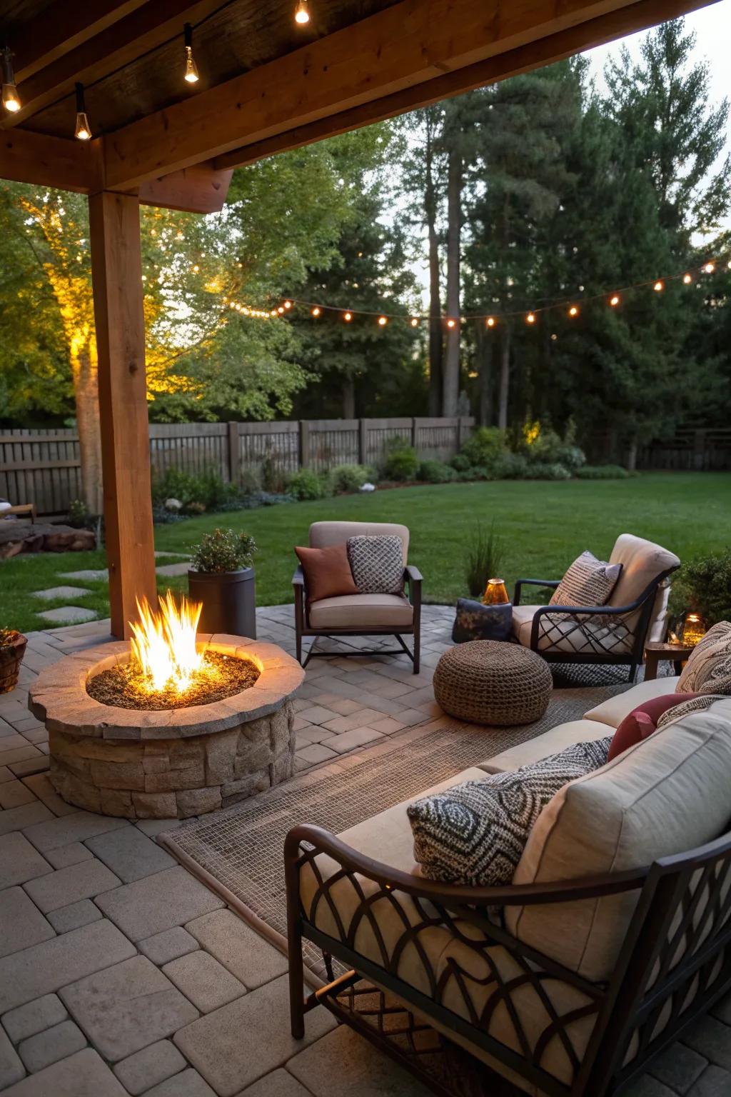 A fire pit creates a warm and inviting atmosphere.
