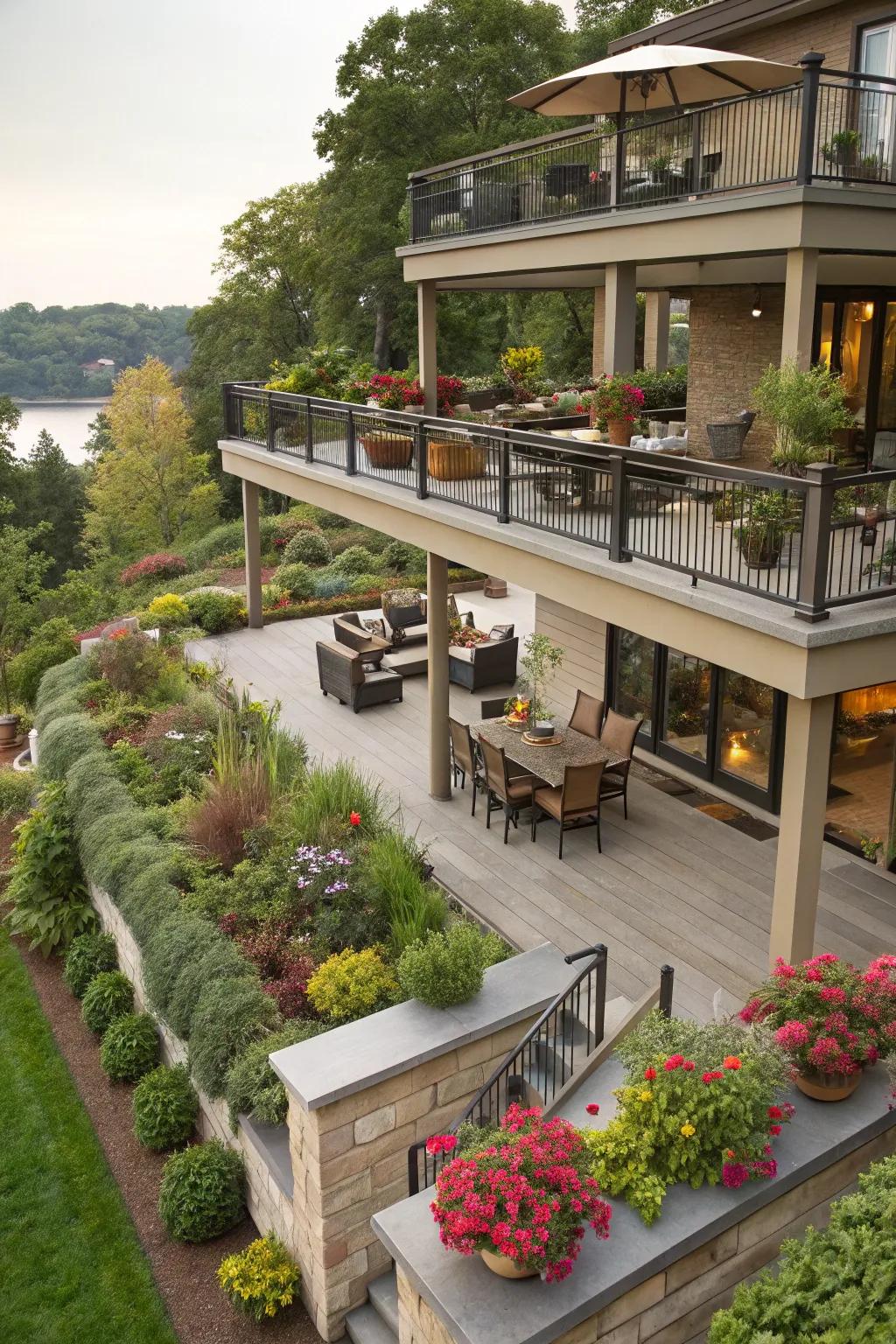 Multi-level patios offer diverse spaces for every outdoor activity.