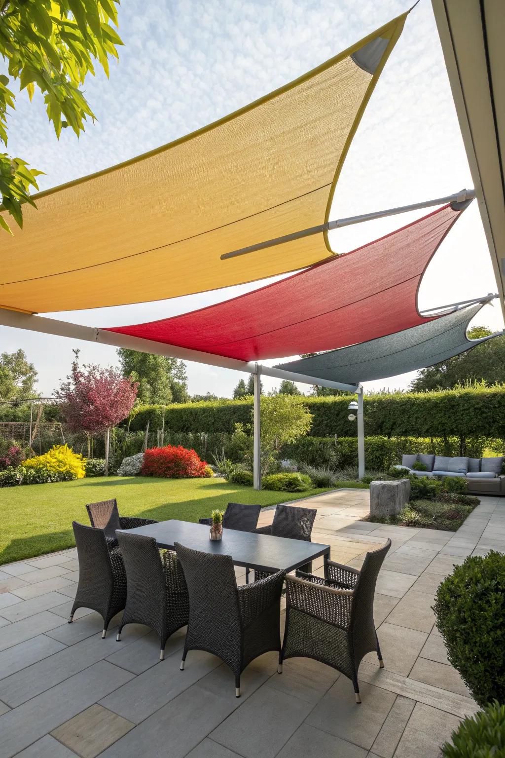 Shade sails provide a modern, artistic touch to patio spaces.