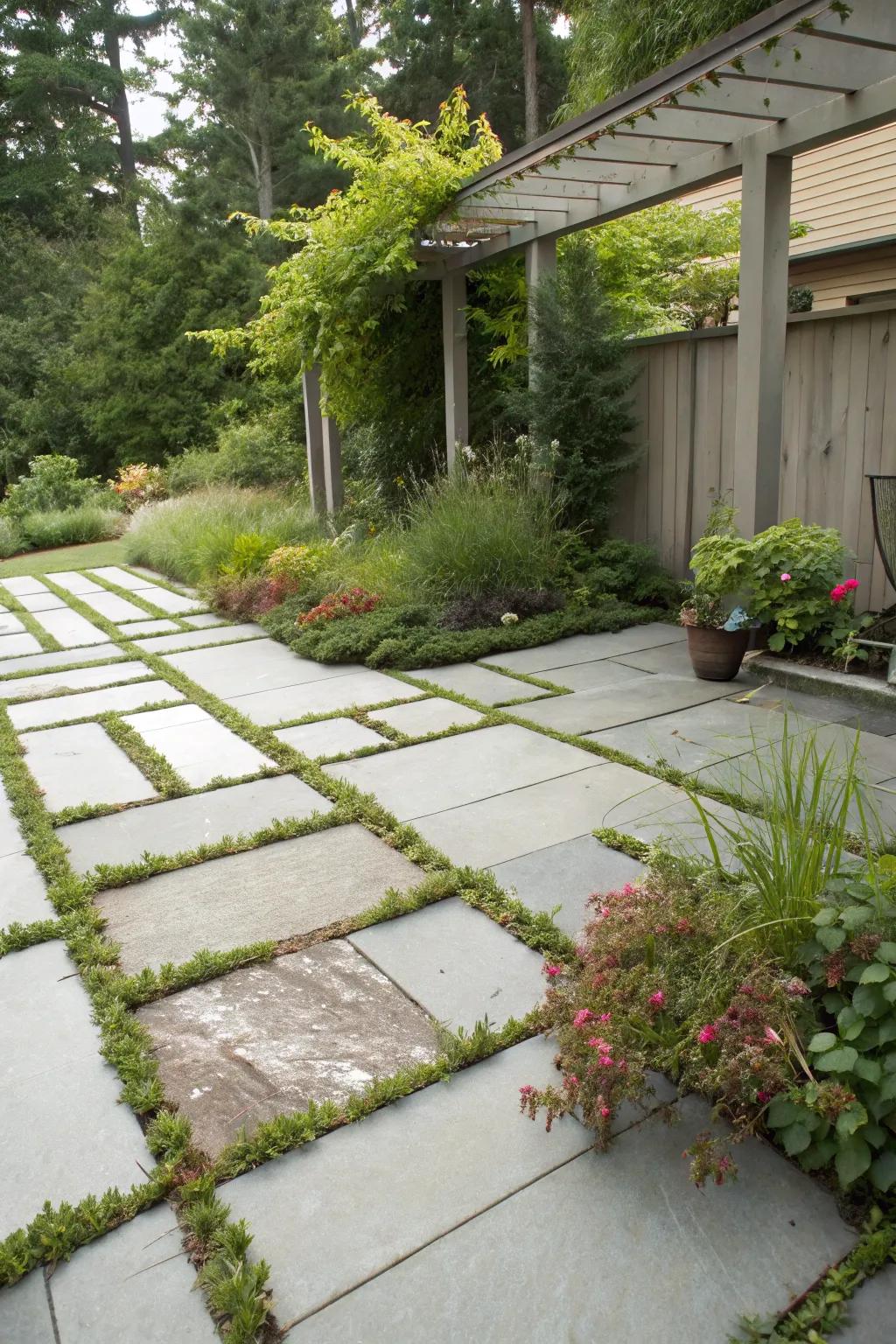Herbs and groundcovers add a natural touch to this patio design.