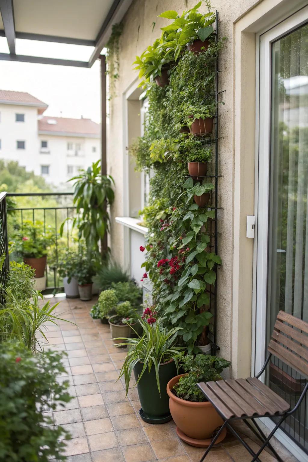Lush vertical garden and potted plants enhancing a small patio.