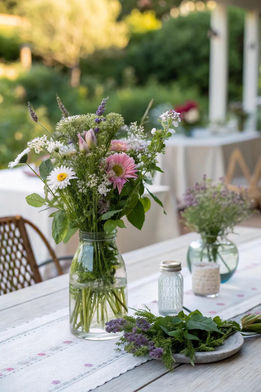 Nature-inspired centerpieces add freshness and charm.