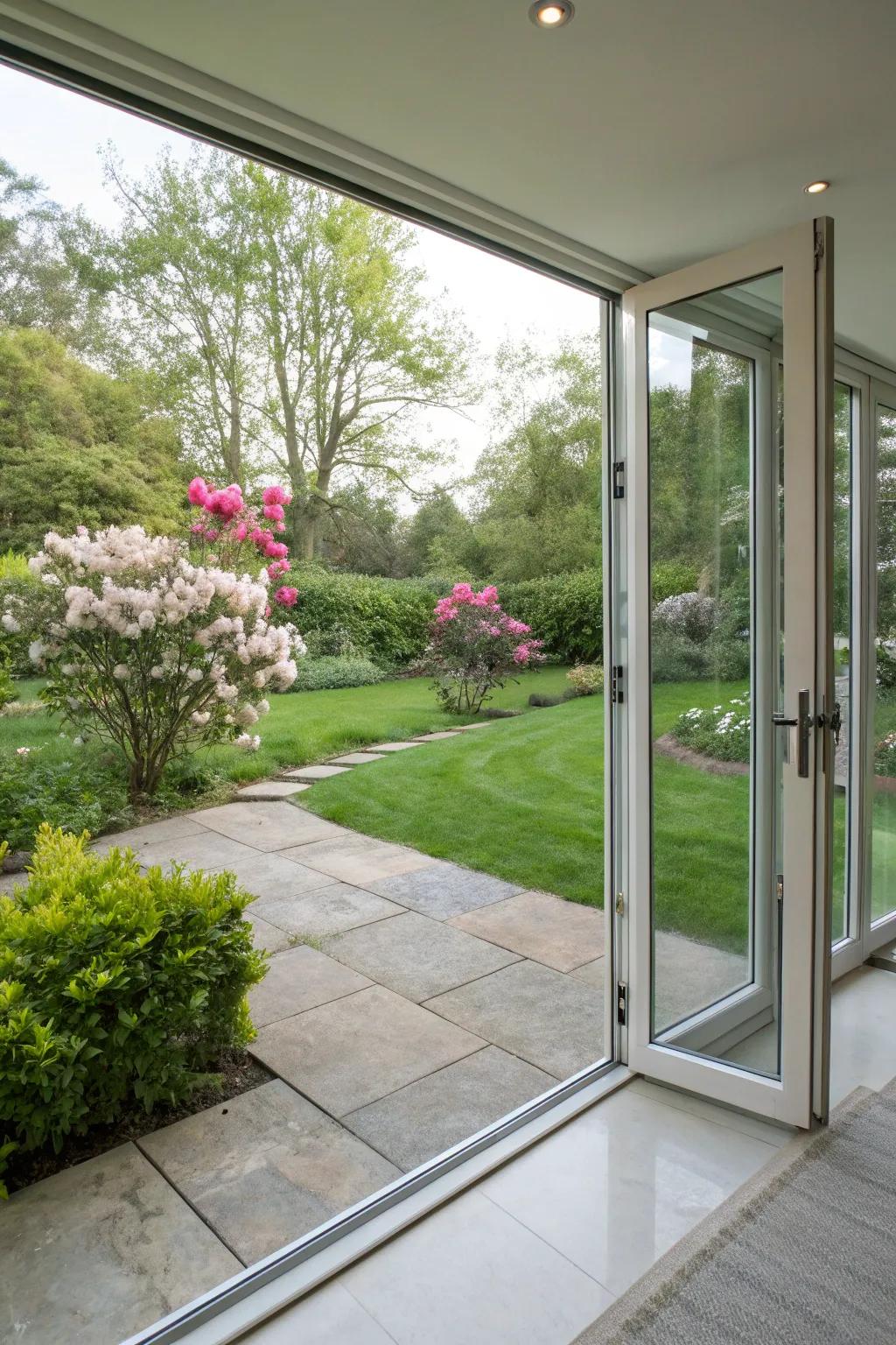 Minimalistic frameless glass doors providing a clear view of the garden.