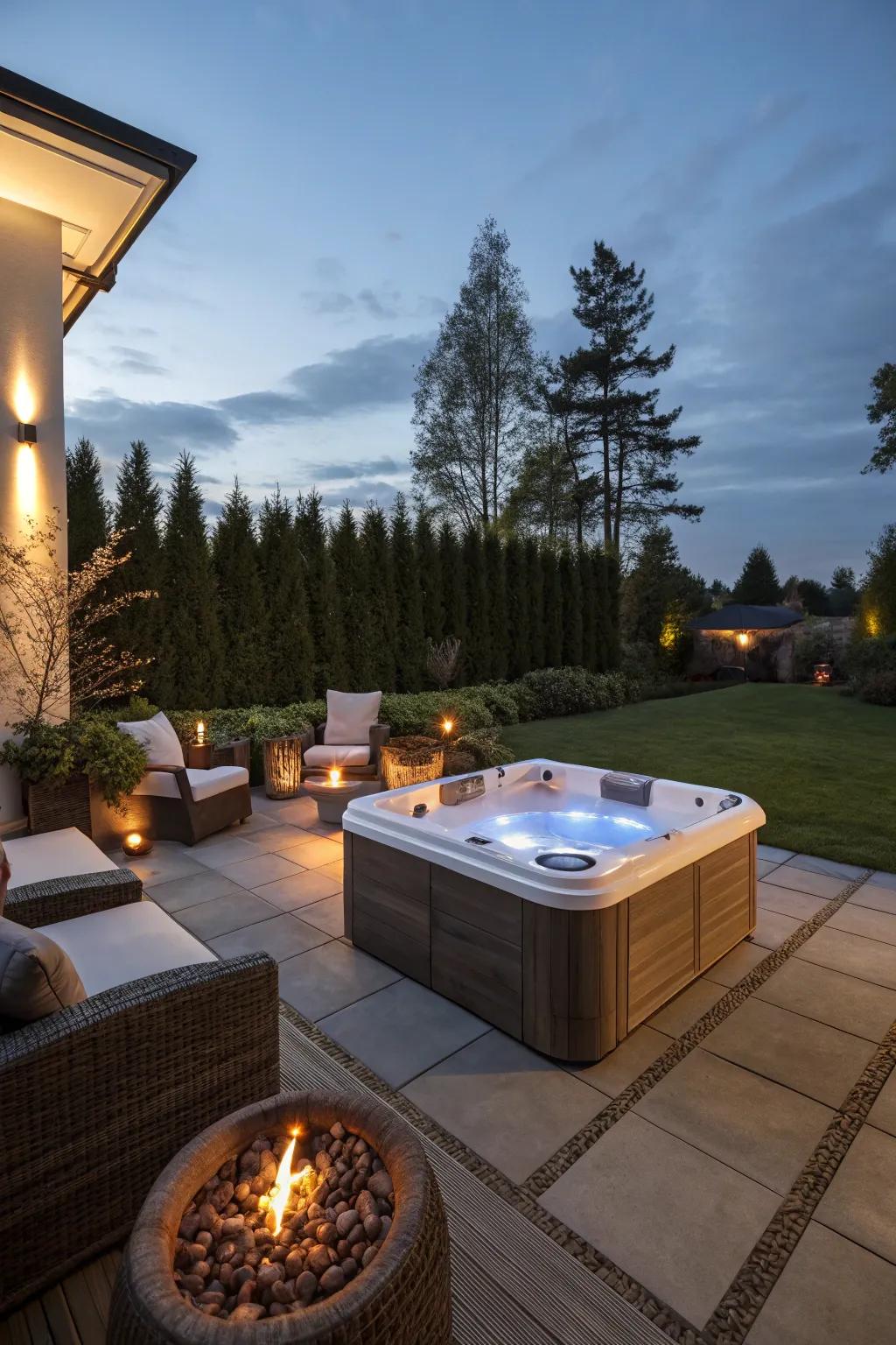 A fire feature adds warmth and a focal point to your hot tub area.