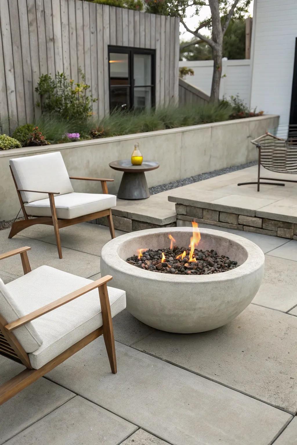 A concrete fire bowl adds a modern touch to your outdoor space.