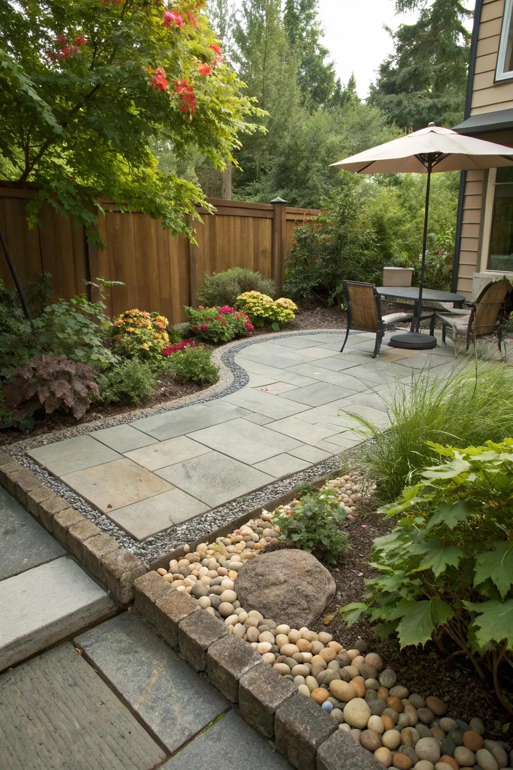 A patio showcasing a creative mix of stone pavers and gravel.